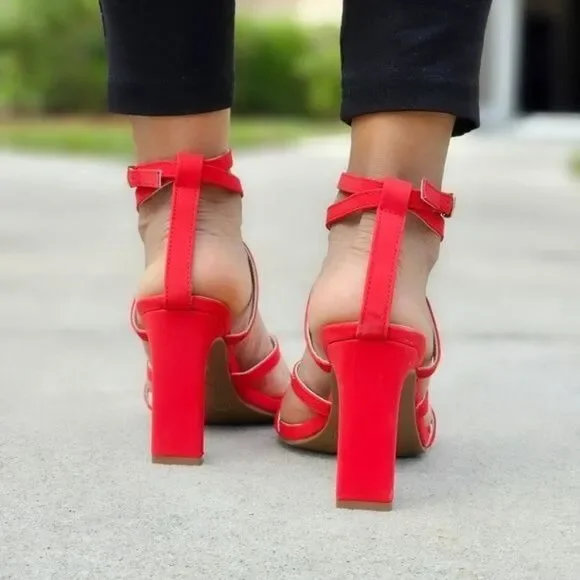 Womens Triple Straps Chunky Heels Sandals Red Color - Picture 4 of 5